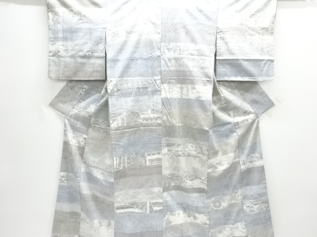 横段に草花風景模様織り出し本場結城紬100亀甲着物(石下)